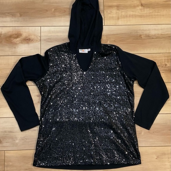 Quacker Factory Black Sequin Hoodie Size Large - Picture 7 of 9